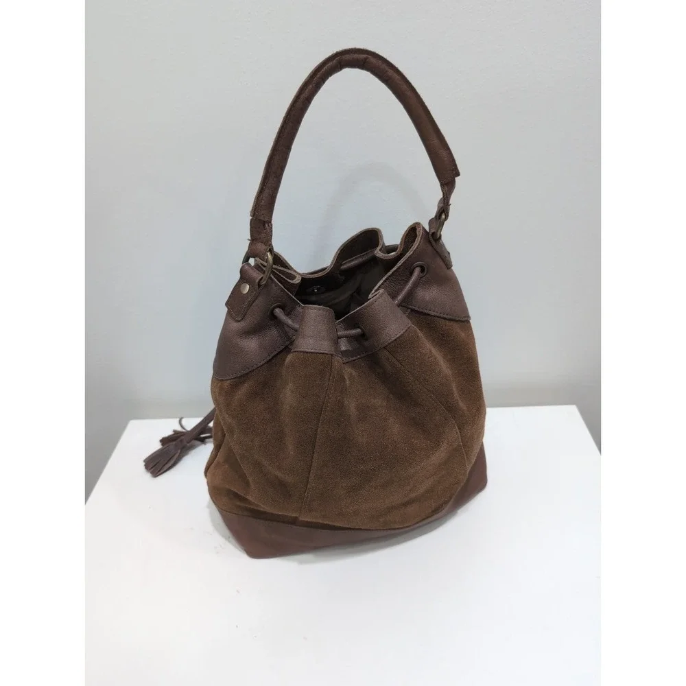 Anabaglish Rowan Brown Suede /Leather Bucket Bag Drawstring Tassel Detail